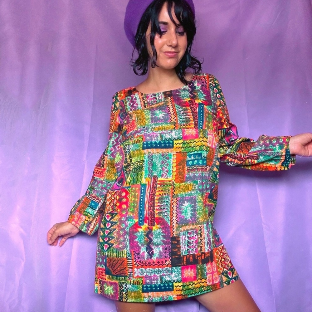 60s Mod Twiggy Babydoll Mini Dress Colorful Patchwork Print